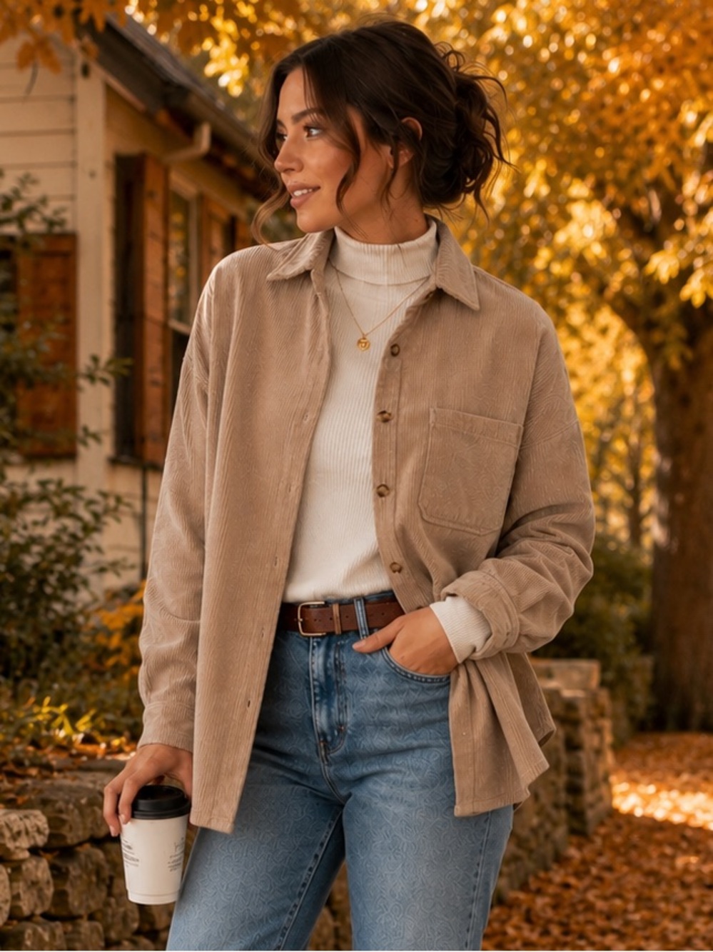 Kojooin Beige Corduroy Button-Up Overshirt | Women’s Medium | Casual Shacket